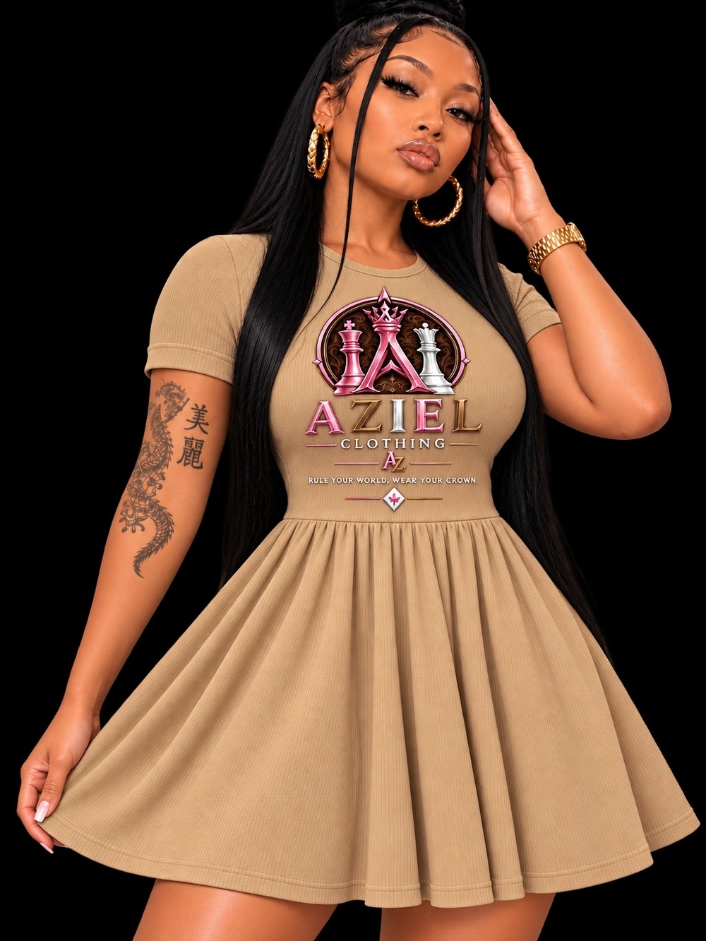 Women's Tan Fit-and-Flare Aziel Logo Dress